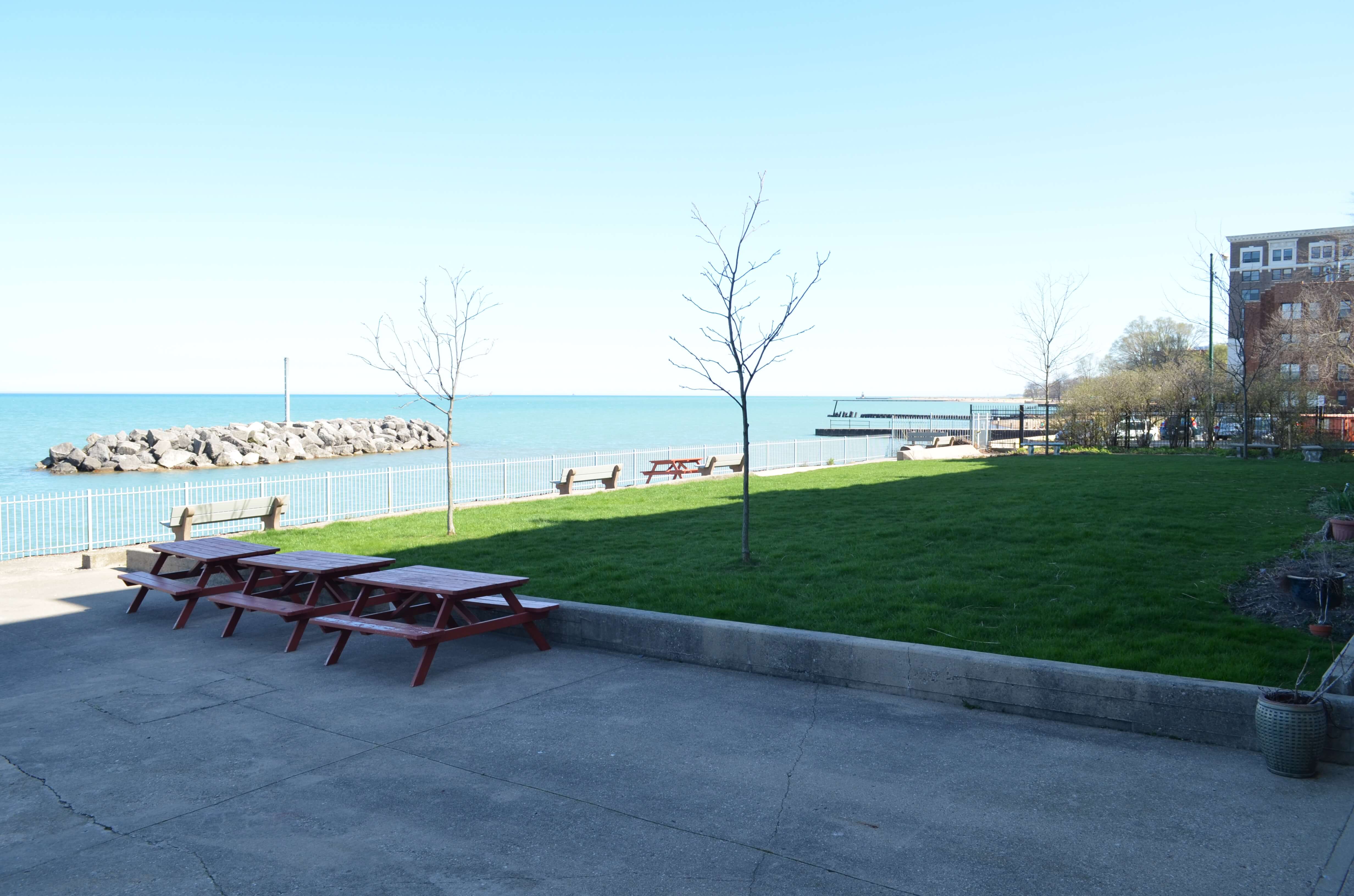Lakeside lawn and picnic tables